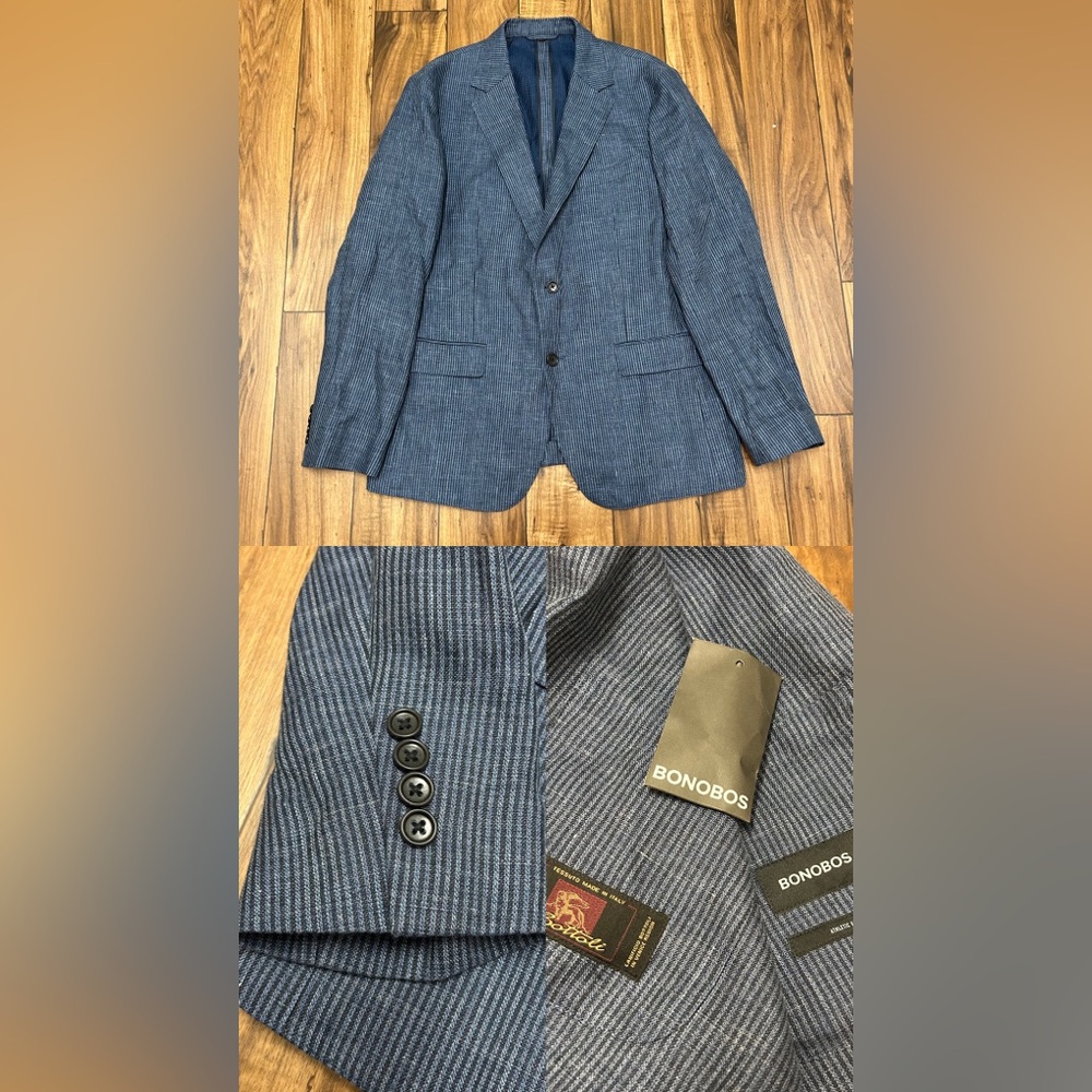 Bonobos Bottoli Linen Cotton 42 R Blue Striped Sport Coat Blazer Athletic Fit